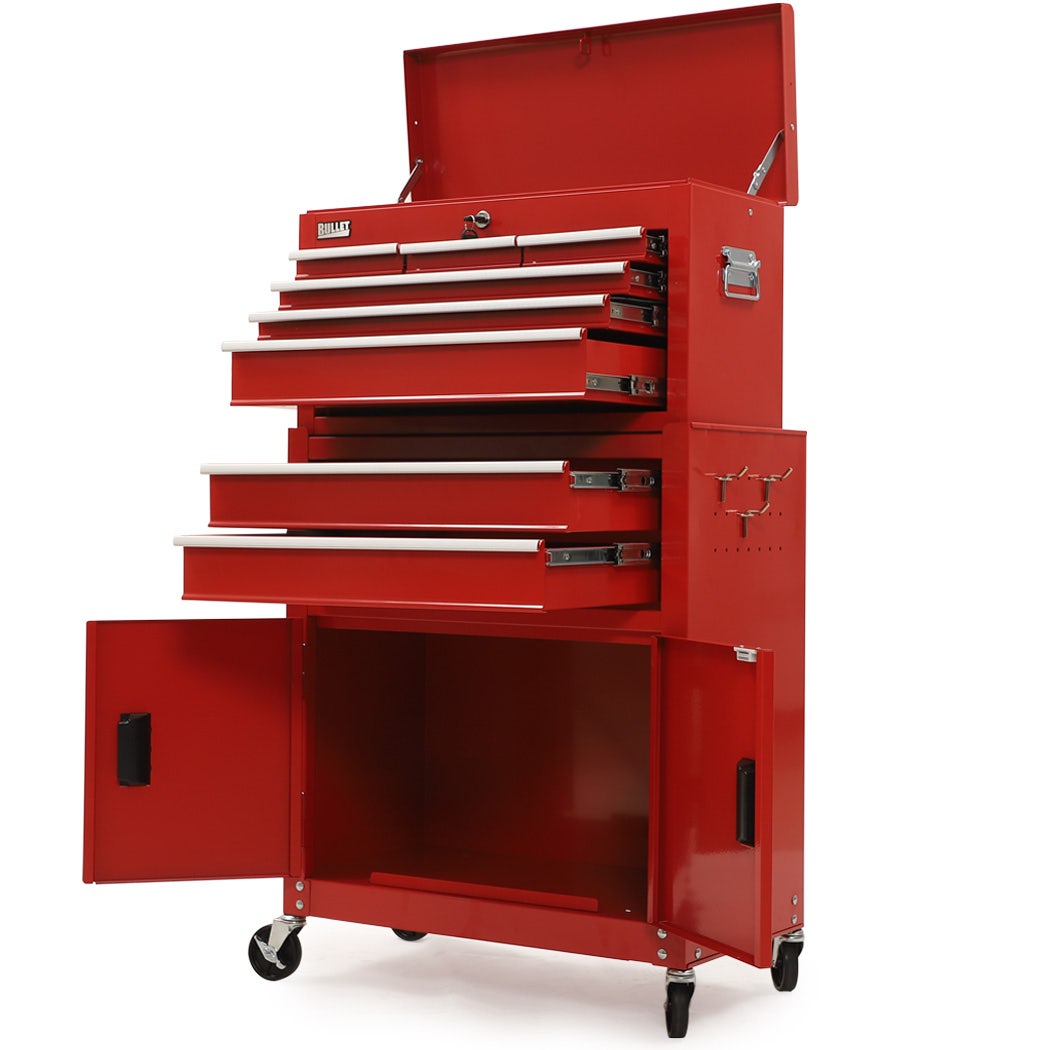 BULLET Pro 8 Drawer Tool Box Chest Cabinet Storage with 2 Door Toolbox Garage Organiser Set Red
