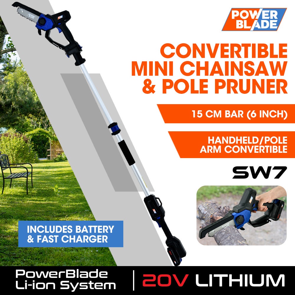 POWERBLADE SW7 20V Cordless Convertible Mini Chainsaw Pole Saw Kit Telescopic Electric Tree Pruner with Lithium Battery Fast Charger
