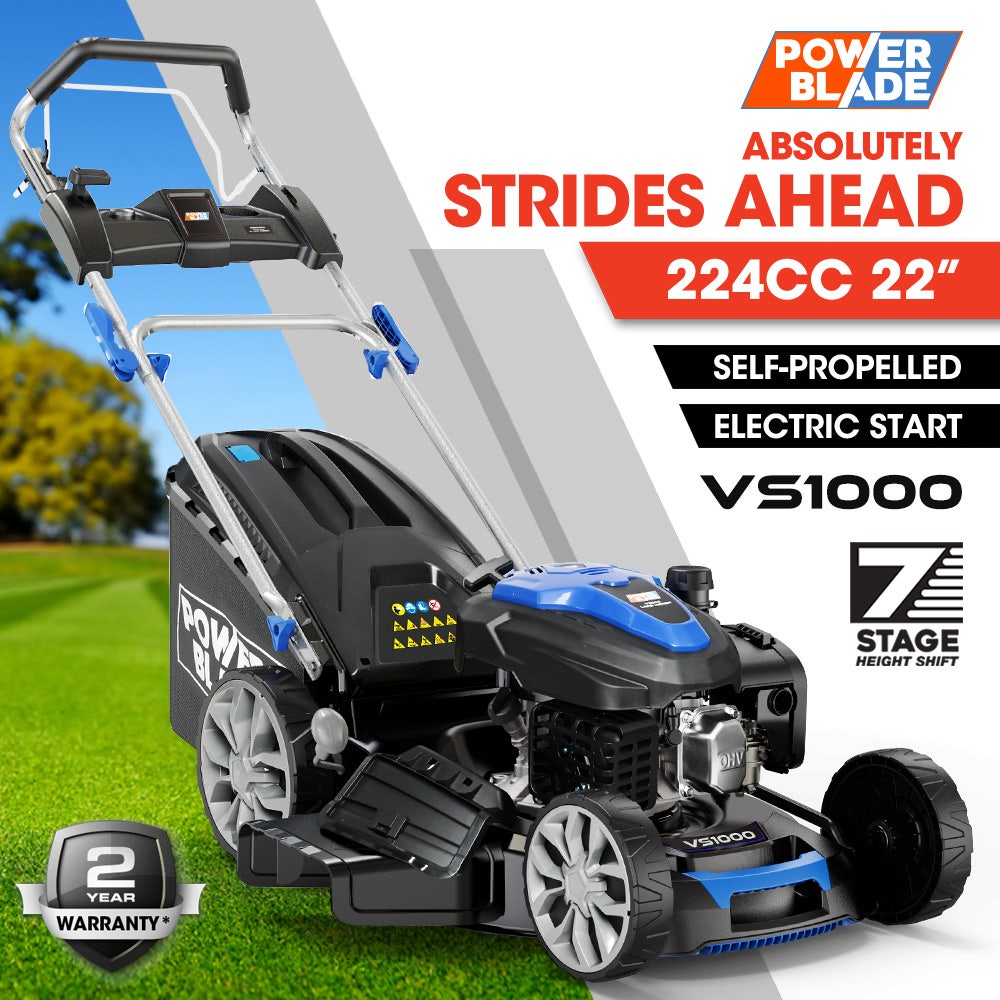 POWERBLADE 22 224cc Self Propelled Lawn Mower Electric Start 7 Height Steel Deck Deck Wash Port