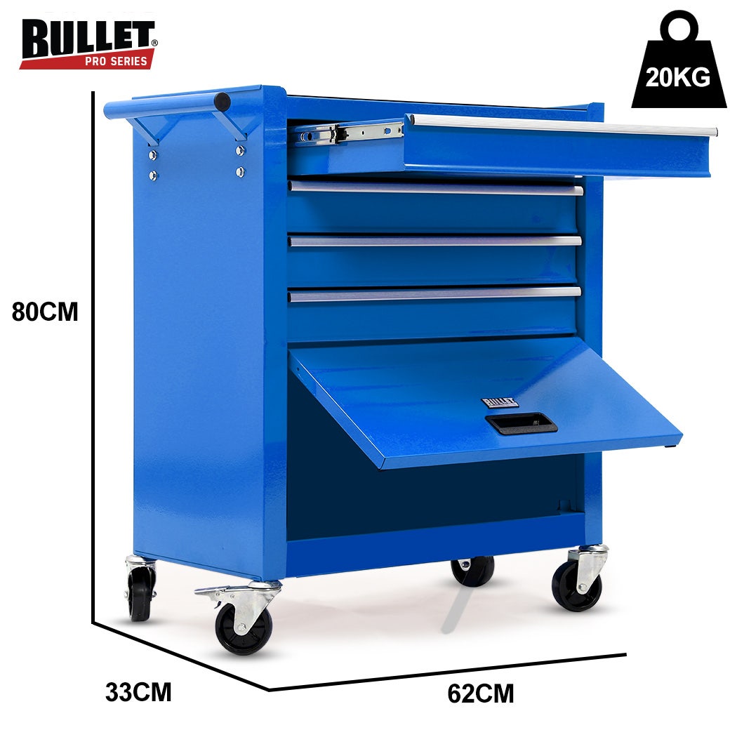 BULLET 4 Drawer Tool Box Cabinet Trolley Storage with 1 Door Toolbox Garage Organiser Set Blue