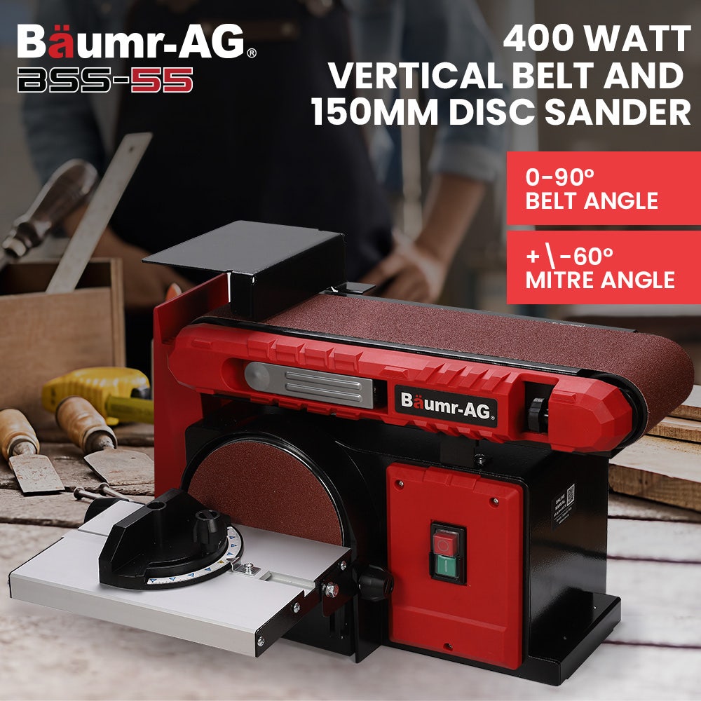 BAUMR AG Bench Belt and Disc Sander Combo 100mm Linisher 150mm Disc S1 Rated 400W Brushless Motor Horizontal Vertical Sanding