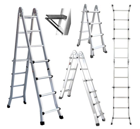 BULLET 4m Folding Aluminium Multipurpose Ladder, w/ Workshelf Platform, Spring Assisted Rapid Safety Lock Adjusters